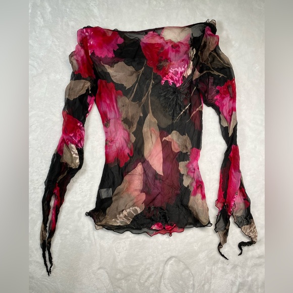 Womens Cache Medium Y2K Black Pink Floral silk Cowl Neck Fairycore whimsical top - Picture 9 of 13